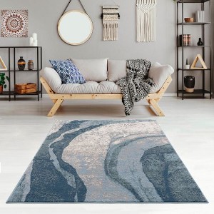 Kumasinova Abstract Wave Area Rug – Blue Pattern, Medium Pile Rugs for Living Room, Easy-Clean Cut & Loop Design Living Room Rug - 1 of 4