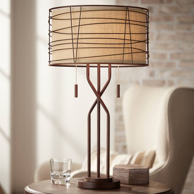 Franklin Iron Works Marlowe 28 3/4" Tall Rustic Modern End Table Lamp Pull Chain Brown Bronze Finish Metal Single Woven Shade Living Room Bedroom, 2 of 10