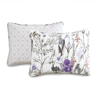 Adalia King Purple and Gray Floral Cotton Quilt Set