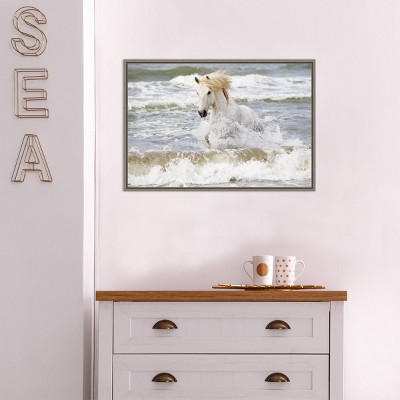 27" x 19" White Horse in Surf Canvas Print