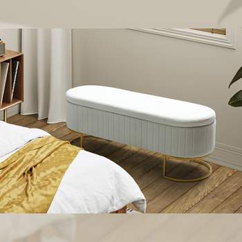 Nuria 49" Wide Modern Upholstered Flip Top Storage Bench with Golden Metal C-shaped Sled Legs for Living Room | ARTFUL LIVING DESIGN