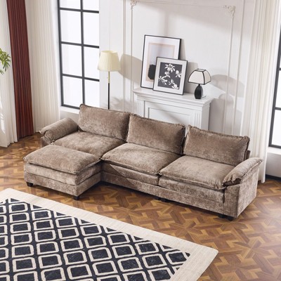 Karl Home |120 in. W Pillow Top Arm Double-layer Cushion Chenille Sofa in Brown With Ottoman