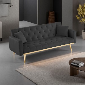 Velvet Convertible Futon Sofa Bed with Adjustable Backrest & Gold Legs - 1 of 4