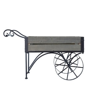 Rustic Black Trolley Cart Plant Stand – Decorative Wheeled Wood Planter Display for Indoor/Outdoor Use - 1 of 4