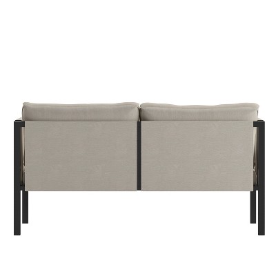 Sophisticated Steel Frame Outdoor Loveseat with Light Gray Cushions and Storage