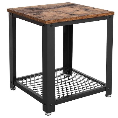 Metal Frame End Table with Wooden Top and Wide Mesh Bottom Shelf Brown and Black - Benzara