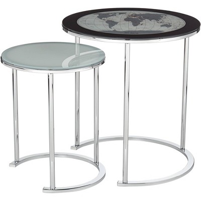 Studio 55D Modern Chrome Plated Metal Round 2-Piece Nesting Tables Set Silver Glass Tabletop Moon Stand for Living Room Home House