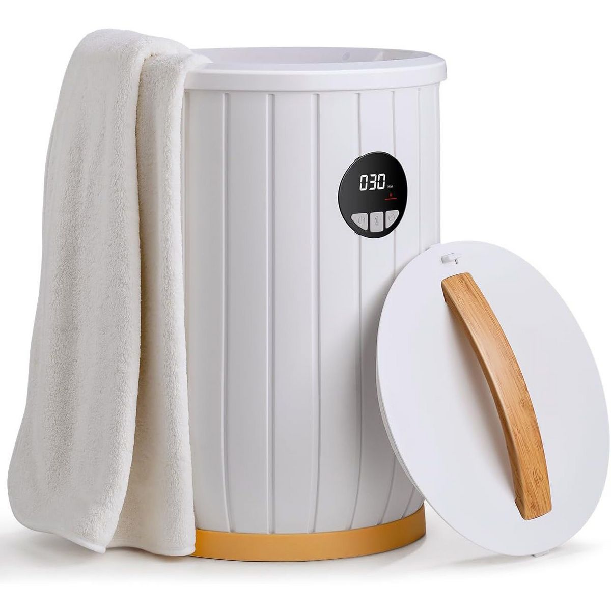 Large 20L Towel Warmer Bucket,Fast Heating within 1 Min, Fits 2 Bath Towels & Robes, Auto Off Timer & 3 Temp Settings,White with Wood Accent Style