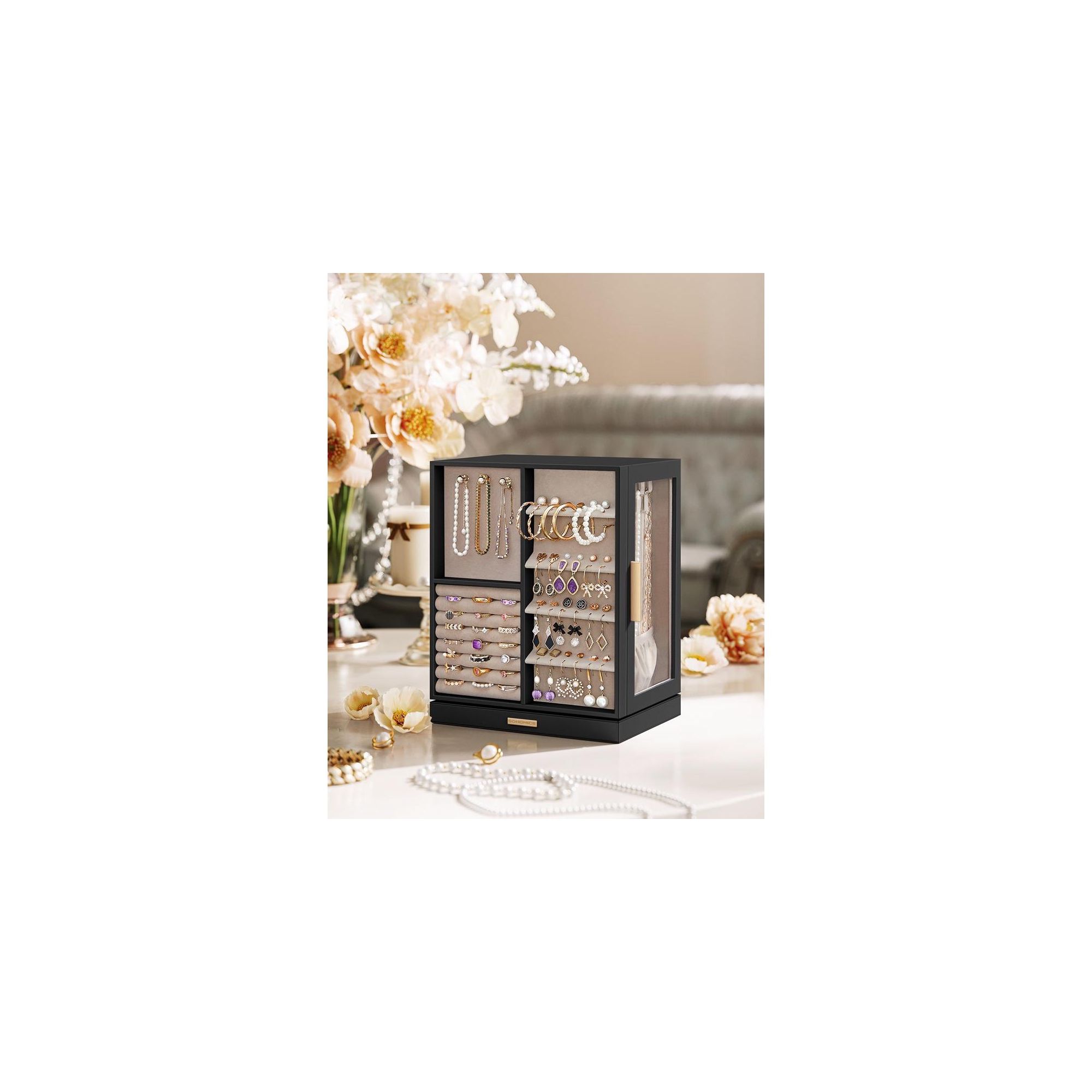 Jewelry Box 360¡ã Rotating, Jewelry Storage Case with 5 Drawers, Jewelry Organizer, Glass Window, Spacious Graphite Black