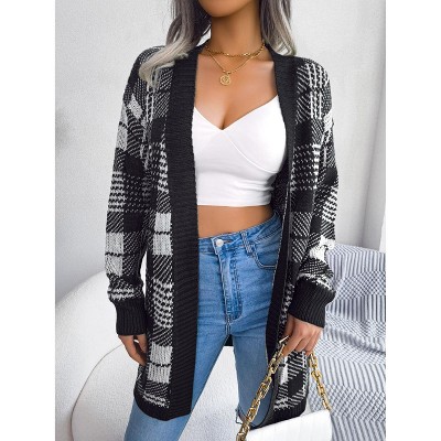 Womens Sweater Cardigan Plaid Lantern Sleeve Waist Tie Casual Cardigan Sweater Coat Black S