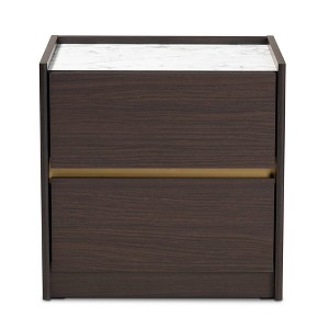 Walker Wood Nightstand: Faux Marble Top, Gold Accents, 2 Drawers - Baxton Studio - 1 of 4