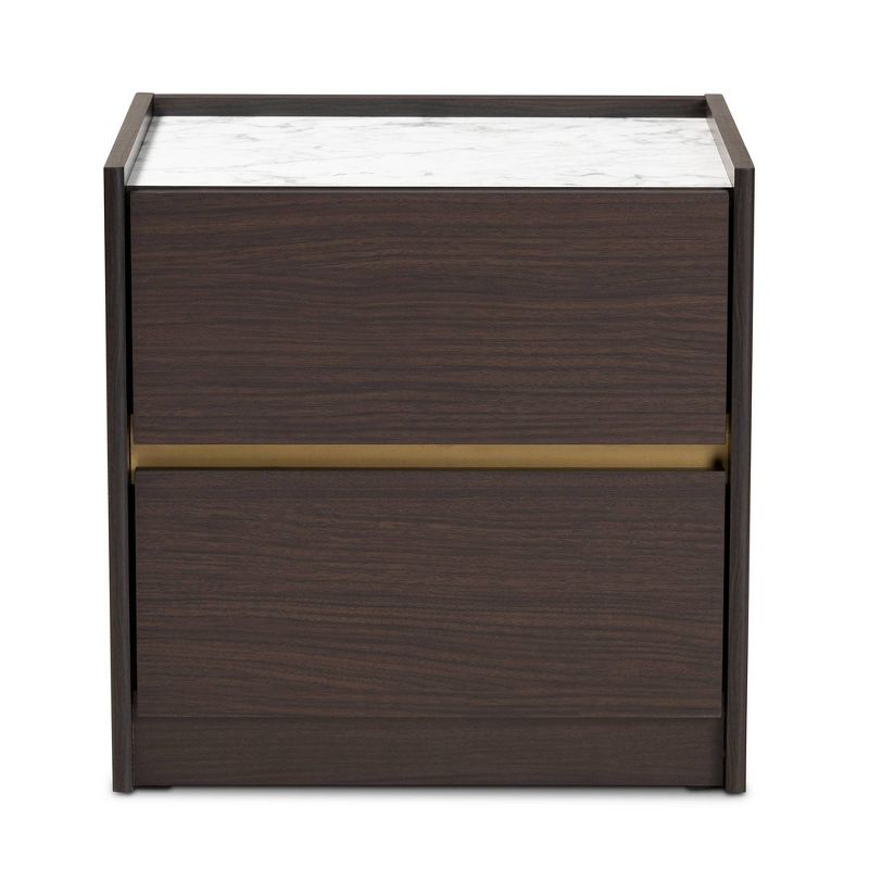 Walker Wood Nightstand with Faux Marble Top Dark Brown/Marble/Gold - Baxton Studio, 1 of 9