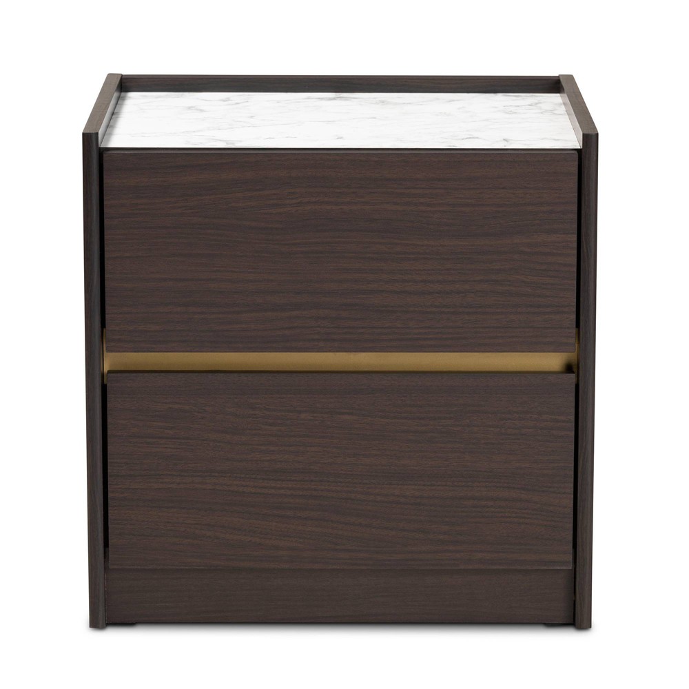 Photos - Storage Сabinet Walker Wood Nightstand with Faux Marble Top Dark Brown/Marble/Gold - Baxto