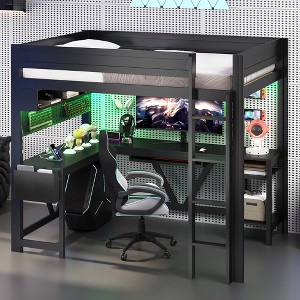 Whisen Wood Full Gaming Loft Bed with Desk, Storage Shelves, LED & Charging Station - 1 of 4