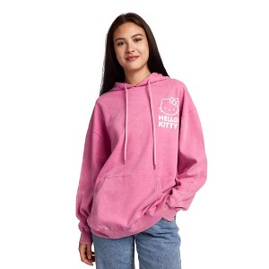 Hello Kitty & Bows Line Art Women's Pink Mineral Wash Long Sleeve Fleece Hooded Sweatshirt - 1 of 4