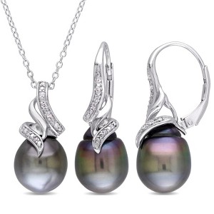 EVERLY JEWELRY | Sterling Silver 9 - 9.5 MM Black Tahitian Pearl and 1/10 CT TW Diamond Vintage Drop Pendant and Chain and Leverback Earrings - 1 of 4