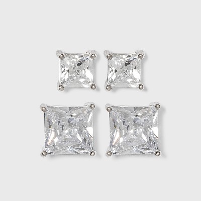 Sterling Silver Cubic Zirconia Duo Square Stud Earring Set - A New Day™ Clear