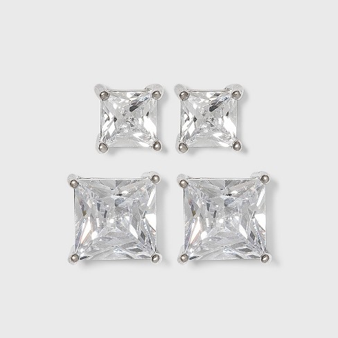 QWZNDZGR Silver Cubic Zirconia Stud Earrings Set, 18K White Gold Plated  Round Square Princess Cut Clear Cubic Zirconia Studs, Stainless Steel Hypoallergenic  Earrings Studs for Women Men Gift 