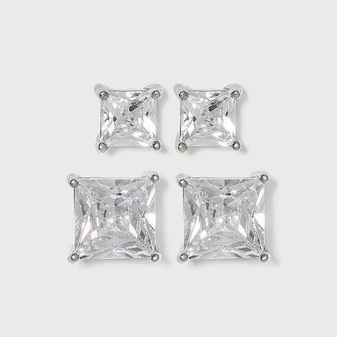 Sterling Silver Cubic Zirconia Duo Square Stud Earring Set - A New Day™  Clear : Target