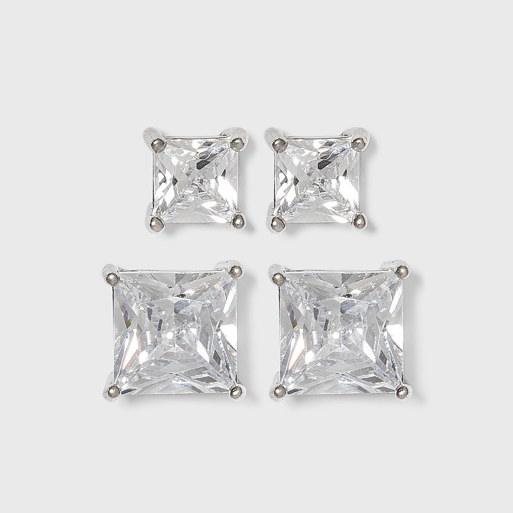 Photos - Earrings Sterling Silver Cubic Zirconia Duo Square Stud Earring Set - A New Day™ Cl