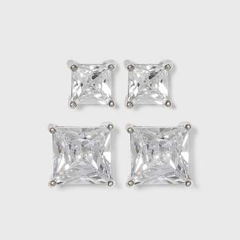Sterling Silver Cubic Zirconia Duo Square Stud Earring Set - A New Day™ Clear