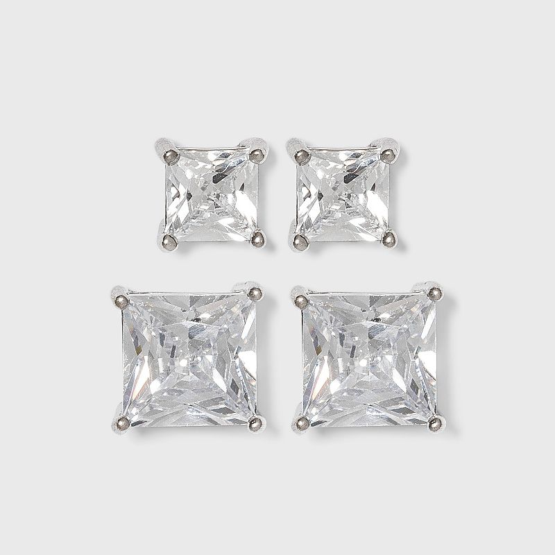 Sterling Silver Cubic Zirconia Duo Square Stud Earring Set - A New Day&#8482; Clear, 1 of 3