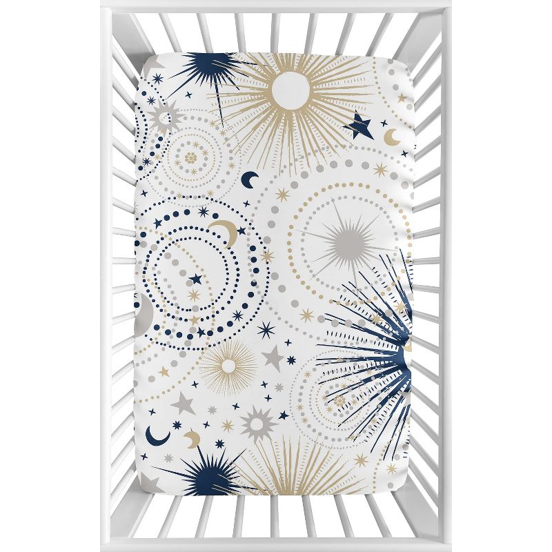 Sweet Jojo Designs Boy or Girl Gender Neutral Unisex Baby Fitted Mini Crib Sheet Celestial Blue Gold and Grey, 1 of 7