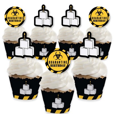 Big Dot of Happiness Happy Quarantine Birthday - Cupcake Decoration - Social Distancing Party Cupcake Wrappers and Treat Picks Kit - Set of 24