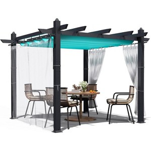 Retractable Outdoor Pergola, Weatherproof Aluminum Frame with Adjustable Blue Canopy & 4 White Curtains, Wood-Look Patio Shelter - 1 of 4