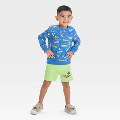 Toddler Boys' 2pc Hot Wheels Fleece Pullover Top & Shorts Set - Blue