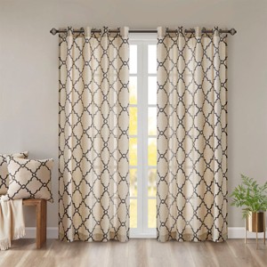 Yukimo 63" Fretwork Print Grommet Top Curtain Panel - Beige+Grey Geometric Design, Opaque Privacy Curtain, Machine Washable - 1 of 4
