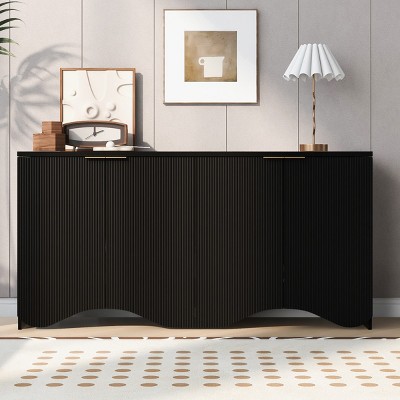 Vertical Stripes And Wavy Design Of A Four-Door Cabinet, Modern Storage Cabinet, 63 Inch Long Accent Cabinet-Cuddlewood