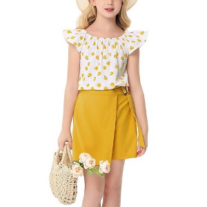 Kids Girls Outfits Ruffle Sleeveless Print Tops and Soild Skirt Shorts 2-Piece Toddler Summer Clothing Set Yellow 5-6 Years - 1 of 4