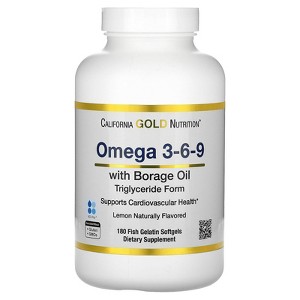 California Gold Nutrition Omega 3-6-9s, with Omega-3 Fish Oil and Borage Seed Oil, EPA, DHA, GLA, and Linoleic Acid, Natural Lemon, 180 Softgels - 1 of 3