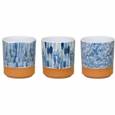 HomeRoots Set of Three Blue Terra Cotta And White Ceramic 1 Ounce Geometric Round Pot Planters
