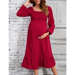 WhizMax Women's Maternity Dress Long Sleeve Square Neck Dress Smocked Ruffle Casual Midi Dress Baby Shower Photoshoot - 1 of 4