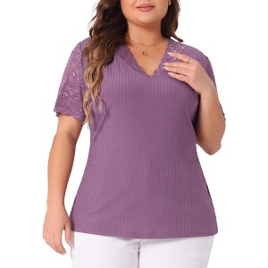 Agnes Orinda Women's Plus Size Summer V Neck Short Sleeve Elegant Lace Ribbed Knit Tunic Blouse - 1 of 4