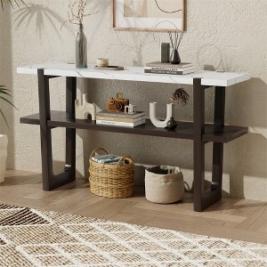 Retro Console Table, Sofa Table, Narrow Entryway Table With Marble-Effect Top, 2-Tier Open Storage Shelf, Storage Solutions For Hallway, Living Room - 1 of 4