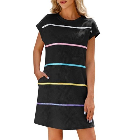 Женские платья Imily Bela Women's Mini Dress Textured T-Shirt Style Sequin Stripe Summer Casual Short Sleeve - Beach Party, Daily Wear Black M