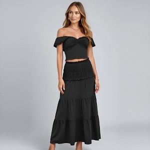 Knit & Lounge Women’s Off Shoulder Crop Top and Maxi Skirt Set Ruffle Sleeves Smocked Waist Flowy Tiered Skirt - 1 of 4
