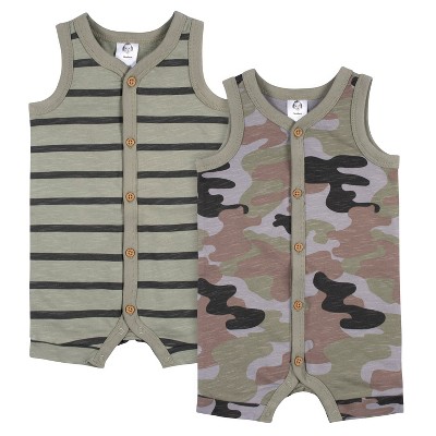 Image of Gerber Baby Boys' Short Leg Sleeveless Romper, Camo & Striped, 3-6 Months, 2-Pack
