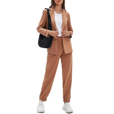 EXLURA Women's Business One Button Blazer Jacket High Elastic Waist Pant Suit Set Casual Loose 2 Piece Suits Office Work