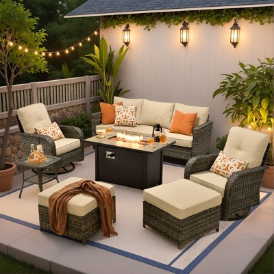 XIZZI Outdoor Rattan Sectional Sofa Set, Modular Patio Lounge Set w/ Swivel Chairs, Side Table & Optional 3-Seat Sofa/Ottomans/Firepit/Coffee Table