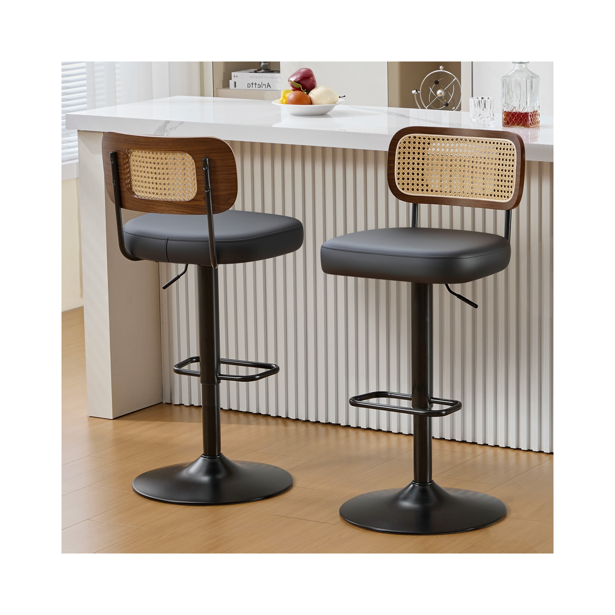 Bekrvio Swivel Bar Stools Set of 2, Adjustable Barstools from 25" to 33", Upholstered Faux Leather Bar Chairs with Rattan Back & Enlarged Base, Black