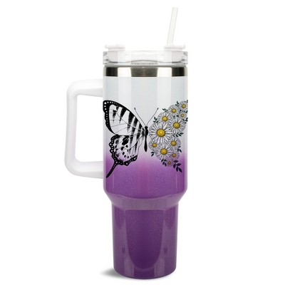 Elanze Designs Butterfly Wings Daisy Flowers 40 oz. Stainless Steel, Large Water Bottle Coffee Mug, Spill & Leak Resistant, Thermal Travel Tumbler
