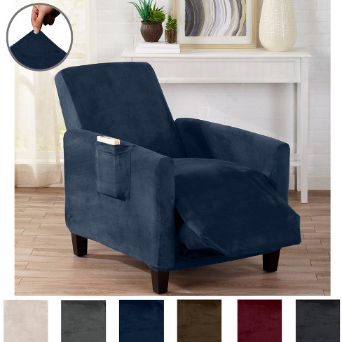 Soft Anti-Slip Recliner, Dark Denim Blue High Stretch Velvet Recliner Furniture Protector Great Bay Home Velvet Plush Stretch Recliner Slipcover