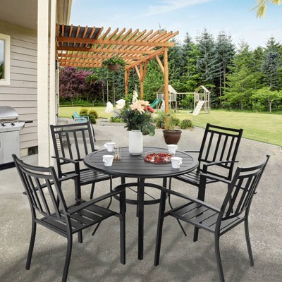 5pc Patio Dining Set with Round Table & Steel Arm Chairs with Striped Back - Black - Captiva Designs