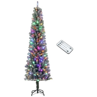 HOMCOM 7.5 ft Pre-Lit Pencil Christmas Tree, Artificial Flocked Xmas Tree with 220 Dual Color LED Lights, 519 Tips and Metal Stand, Green