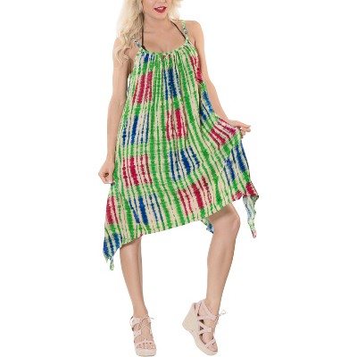 LA LEELA Women's Summer Bathing Suit Cover Ups Vacation Beachwear Mini Swim Suit Loose Beach Dress for Women Spaghetti Dress 1X Green, Tie Dye Design