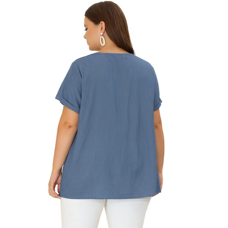 Agnes Orinda Women's Plus Size Casual V Neck Lounge Around Short Sleeve Solid Chambray Blouses, 4 of 7